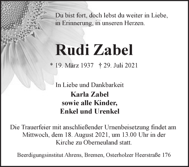 Traueranzeige von Rudi Zabel von WESER-KURIER