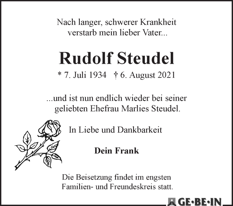  Traueranzeige für Rudolf Steudel vom 14.08.2021 aus WESER-KURIER