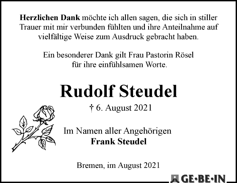  Traueranzeige für Rudolf Steudel vom 28.08.2021 aus WESER-KURIER