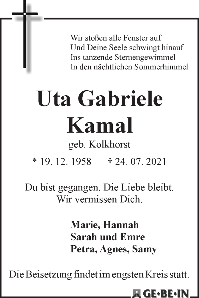  Traueranzeige für Uta Gabriele Kamal vom 14.08.2021 aus WESER-KURIER