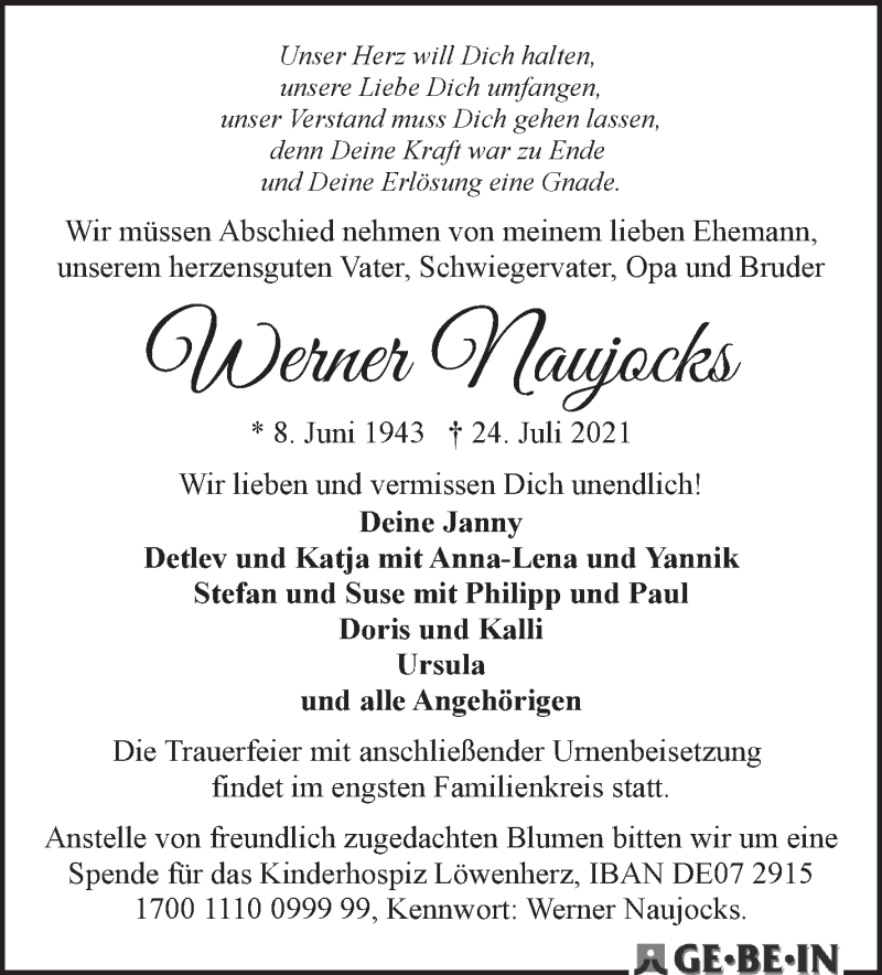Traueranzeige von Werner Naujocks von WESER-KURIER