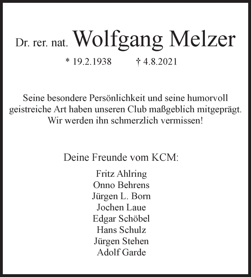  Traueranzeige für Wolfgang Melzer vom 07.08.2021 aus WESER-KURIER