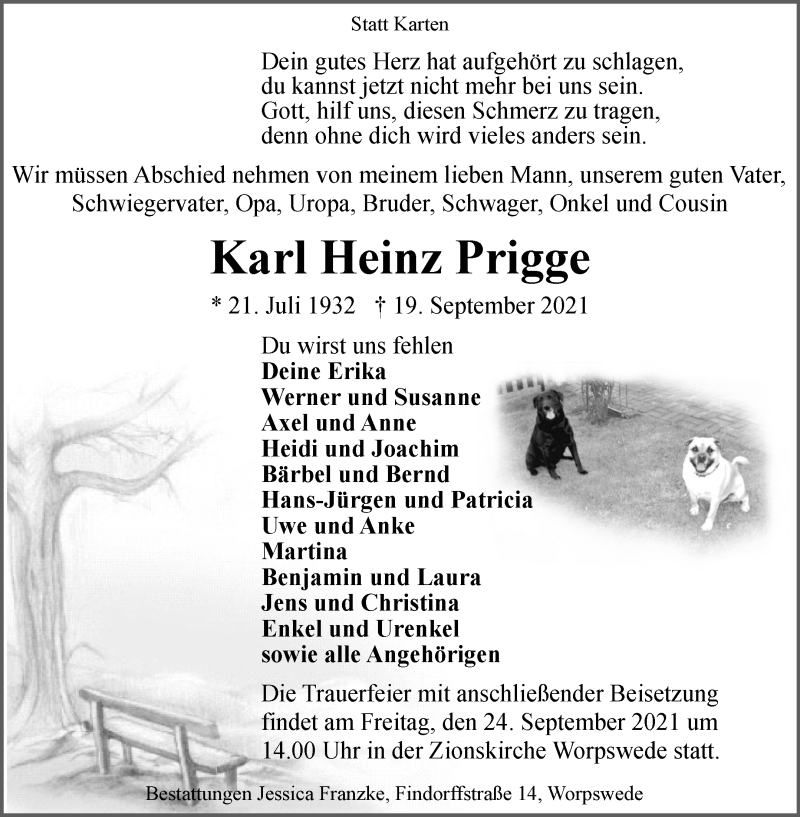  Traueranzeige für Karl Heinz Prigge vom 22.09.2021 aus 