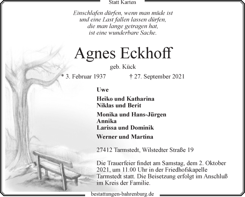 Traueranzeige von Agnes Eckhoff von Wuemme Zeitung