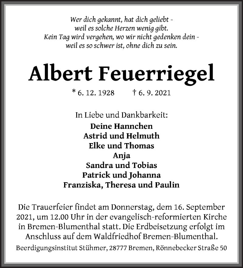  Traueranzeige für Albert Feuerriegel vom 15.09.2021 aus Die Norddeutsche