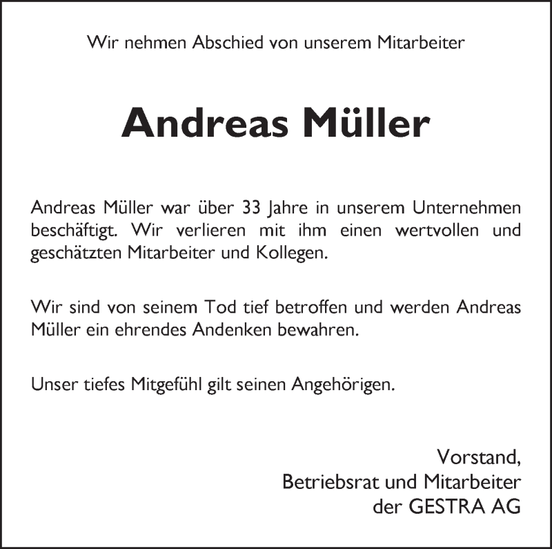 Traueranzeige von Andreas Müller von WESER-KURIER