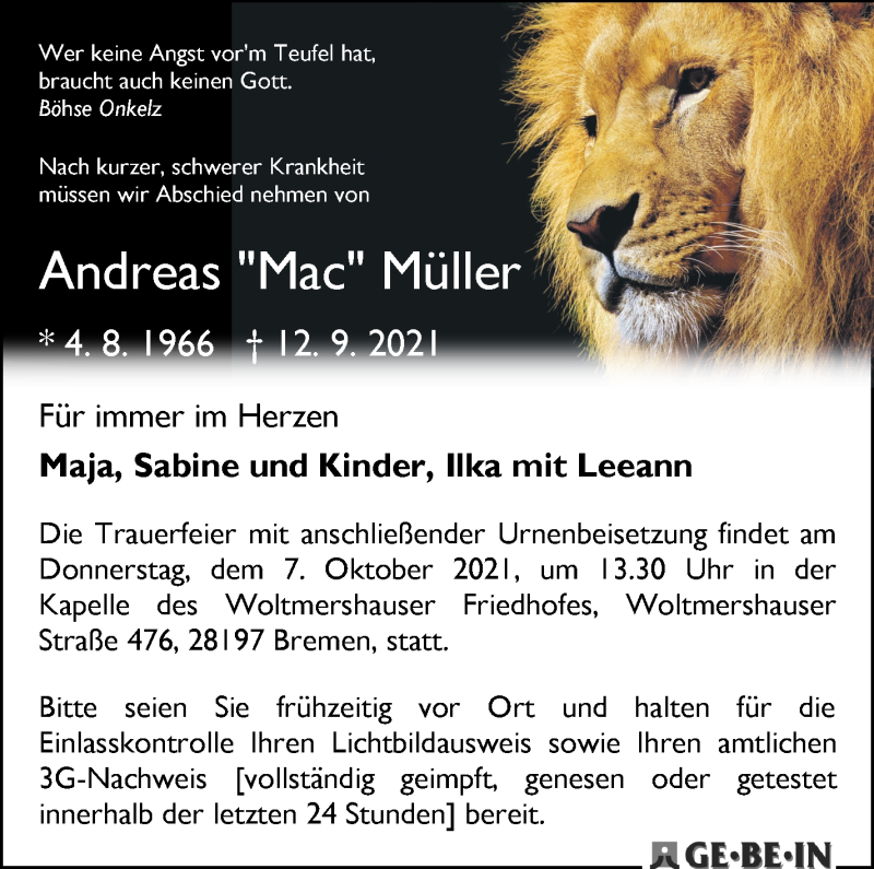  Traueranzeige für Andreas Mac Müller vom 25.09.2021 aus WESER-KURIER