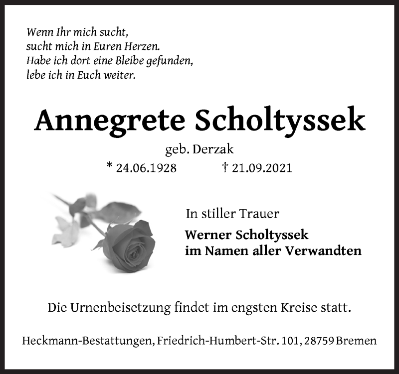  Traueranzeige für Annegrete Scholtyssek vom 25.09.2021 aus Die Norddeutsche
