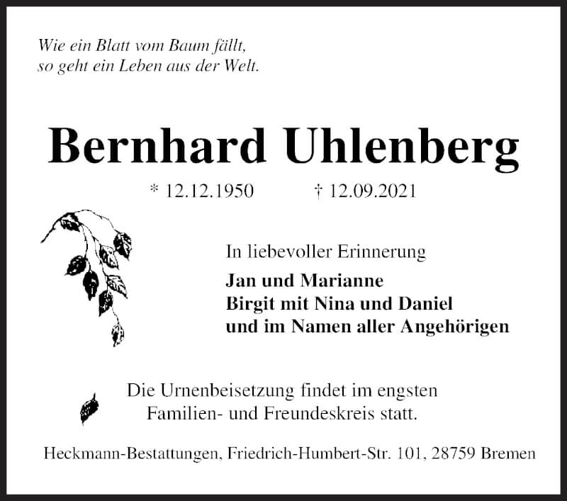  Traueranzeige für Bernhard Uhlenberg vom 18.09.2021 aus Achimer Kurier/Verdener Nachrichten