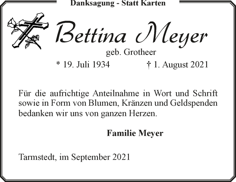 Traueranzeige von Bettina Meyer von Wuemme Zeitung