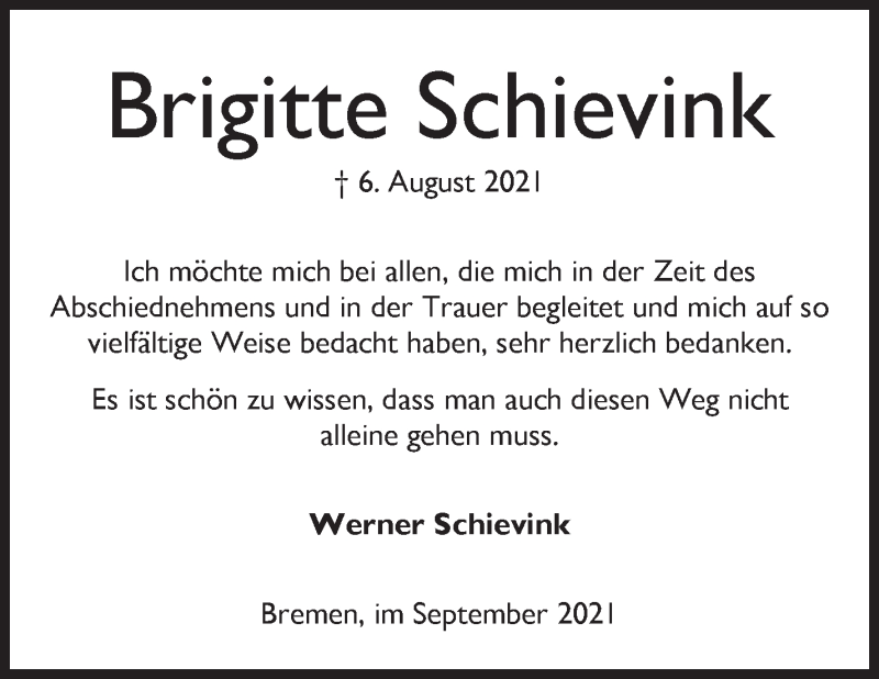  Traueranzeige für Brigitte Schievink vom 04.09.2021 aus WESER-KURIER