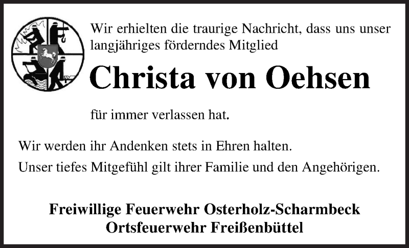  Traueranzeige für Christa von Oehsen vom 15.09.2021 aus Osterholzer Kreisblatt