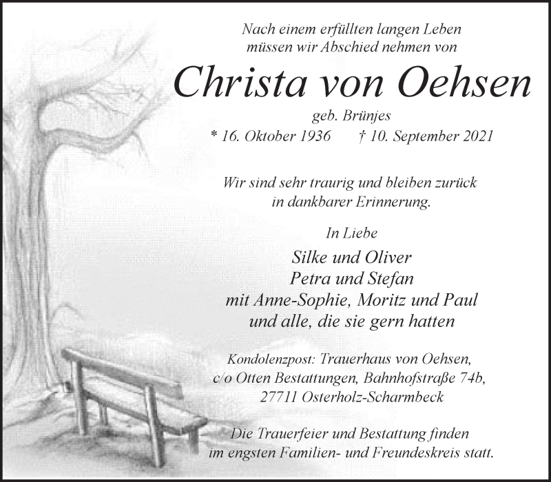  Traueranzeige für Christa von Oehsen vom 14.09.2021 aus Osterholzer Kreisblatt