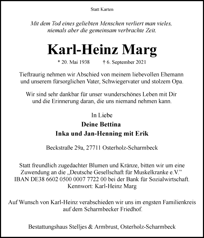  Traueranzeige für Karl-Heinz Marg vom 10.09.2021 aus 