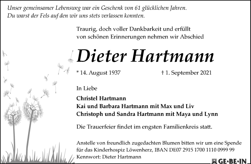  Traueranzeige für Dieter Hartmann vom 11.09.2021 aus WESER-KURIER
