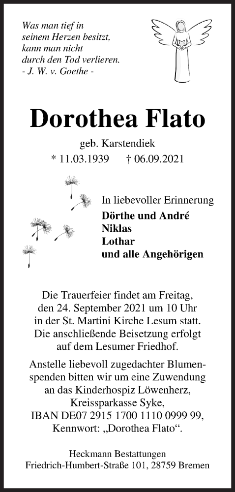  Traueranzeige für Dorothea Flato vom 11.09.2021 aus Osterholzer Kreisblatt