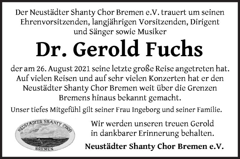  Traueranzeige für Gerold Fuchs vom 04.09.2021 aus WESER-KURIER