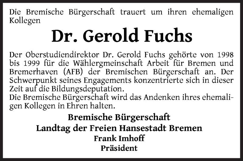  Traueranzeige für Gerold Fuchs vom 04.09.2021 aus WESER-KURIER