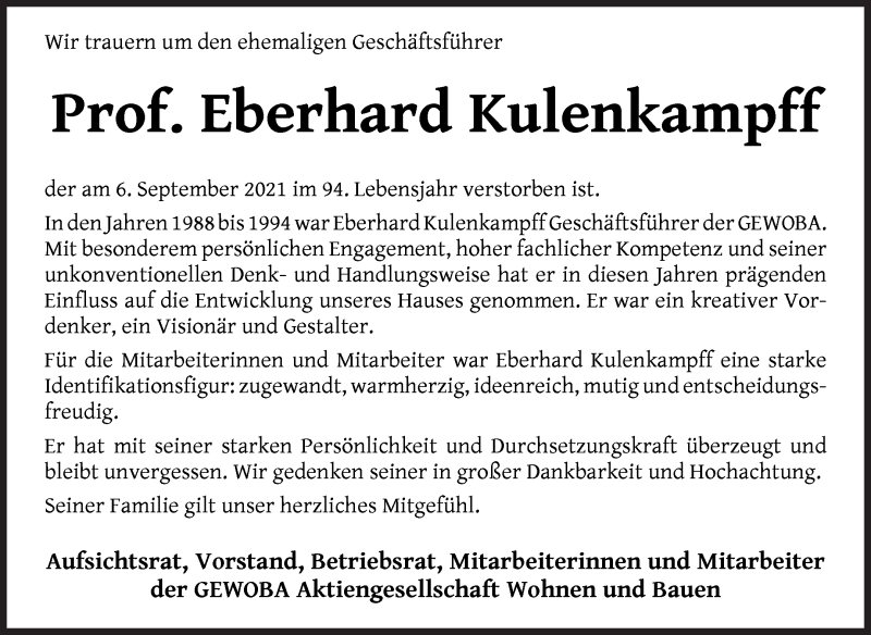  Traueranzeige für Eberhard Kulenkampff vom 11.09.2021 aus WESER-KURIER