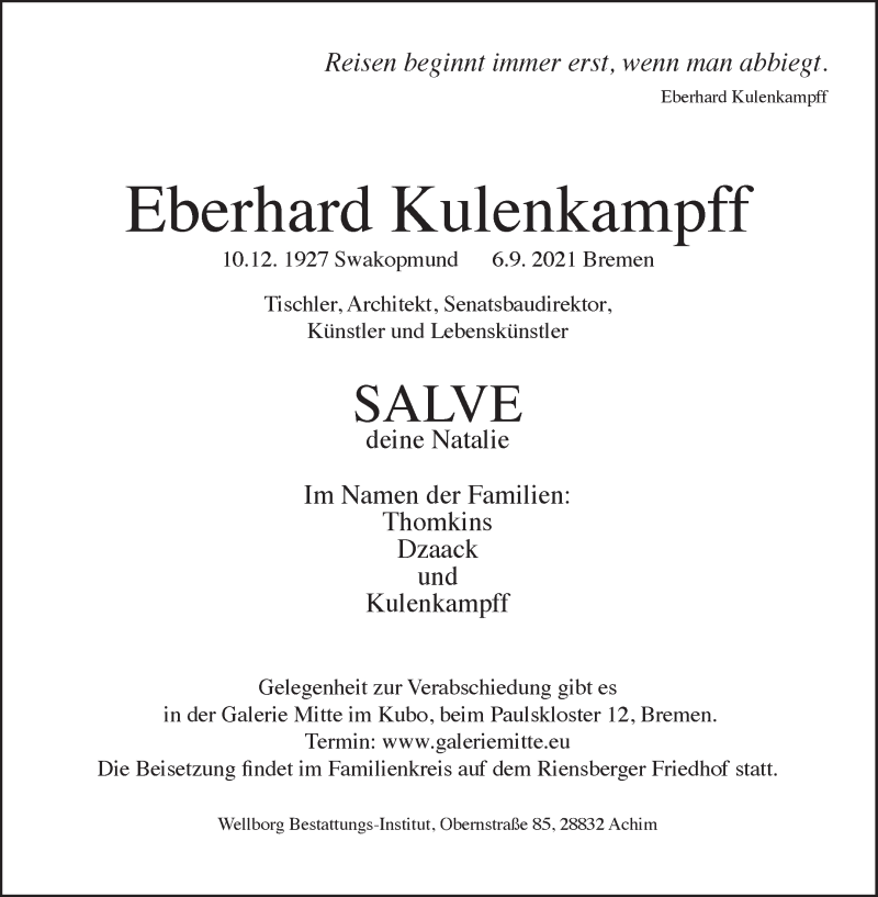  Traueranzeige für Eberhard Kulenkampff vom 11.09.2021 aus WESER-KURIER