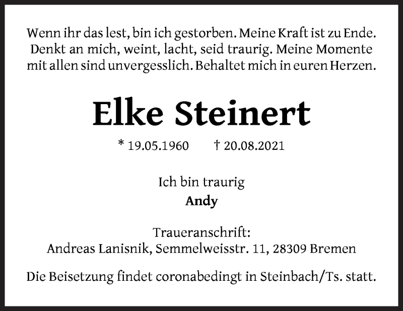  Traueranzeige für Elke Steinert vom 01.09.2021 aus WESER-KURIER