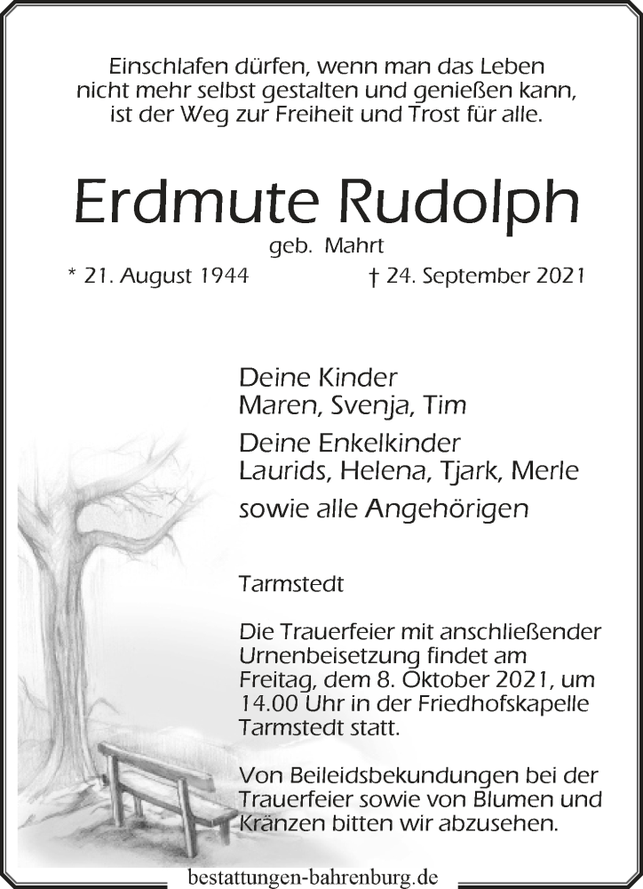 Traueranzeige von Erdmute Rudolph von Wuemme Zeitung