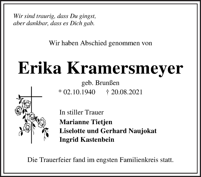  Traueranzeige für Erika Kramersmeyer vom 11.09.2021 aus Die Norddeutsche