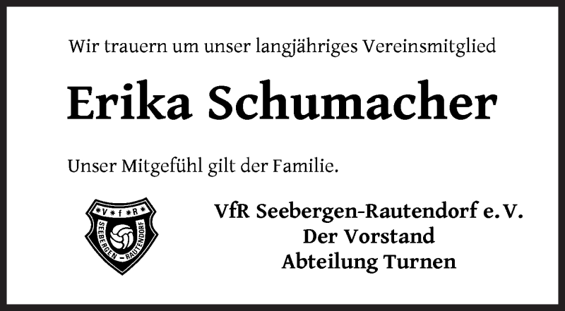  Traueranzeige für Erika Schumacher vom 07.09.2021 aus Wuemme Zeitung
