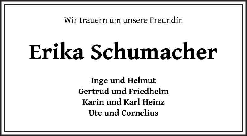 Traueranzeige für Erika Schumacher vom 04.09.2021 aus Wuemme Zeitung