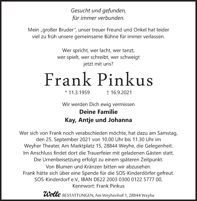  Traueranzeige für Frank Pinkus vom 22.09.2021 aus WESER-KURIER