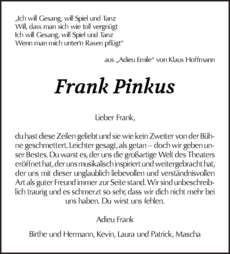  Traueranzeige für Frank Pinkus vom 22.09.2021 aus WESER-KURIER