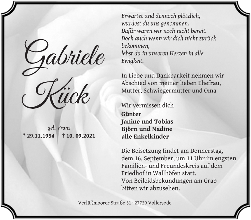  Traueranzeige für Gabriele Kück vom 14.09.2021 aus Osterholzer Kreisblatt