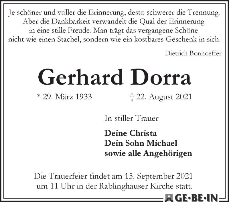 Traueranzeige von Gerhard Dorra von WESER-KURIER