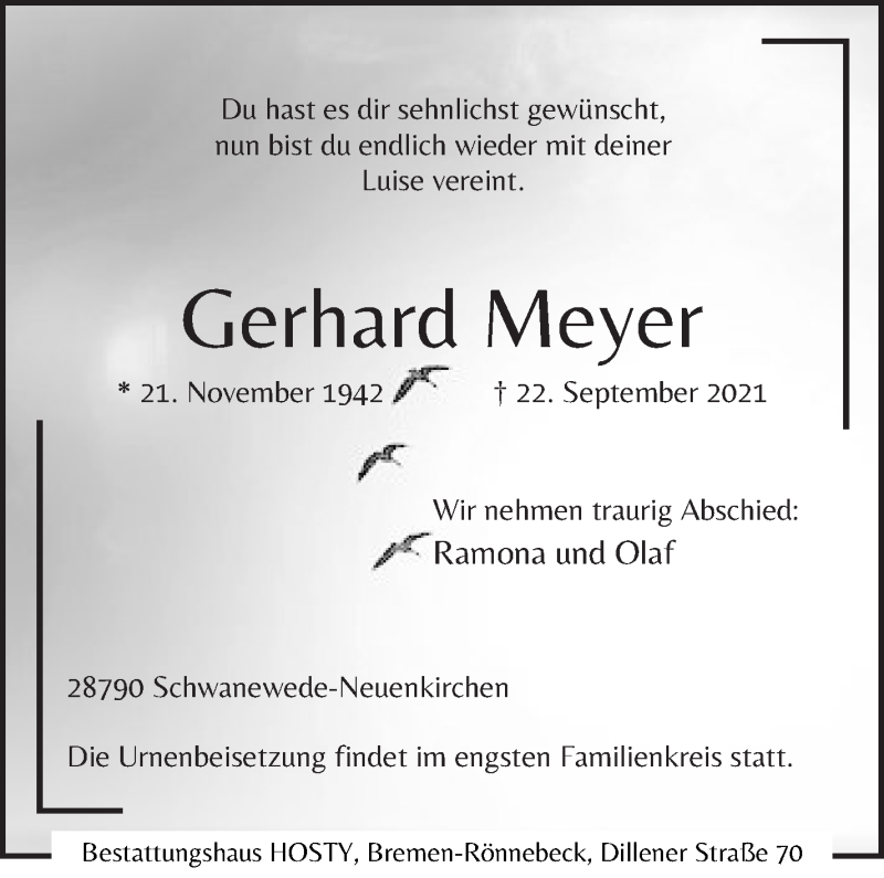  Traueranzeige für Gerhard Meyer vom 25.09.2021 aus Die Norddeutsche
