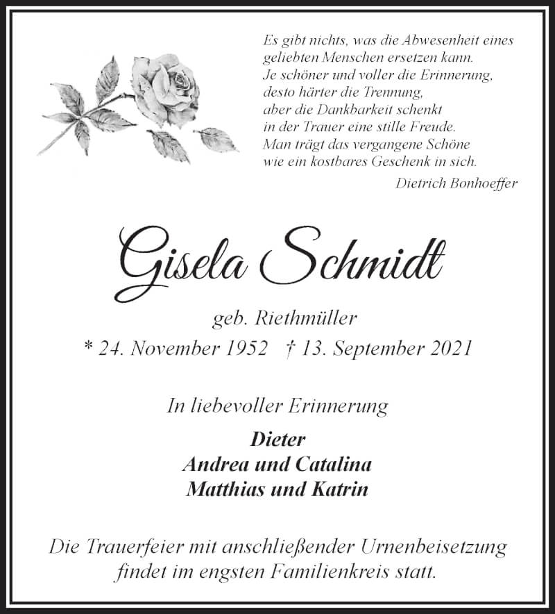 Traueranzeige für Gisela Schmidt vom 18.09.2021 aus WESER-KURIER
