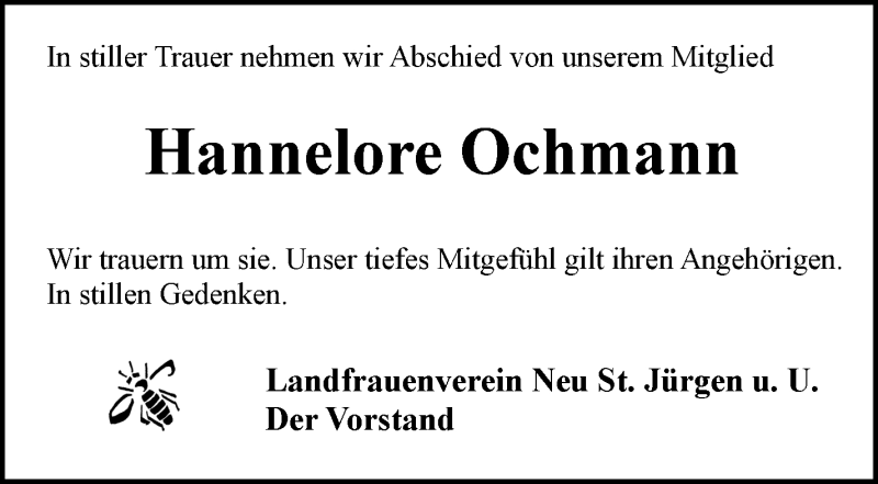 Traueranzeige für Hannelore Ochmann vom 08.09.2021 aus Wuemme Zeitung