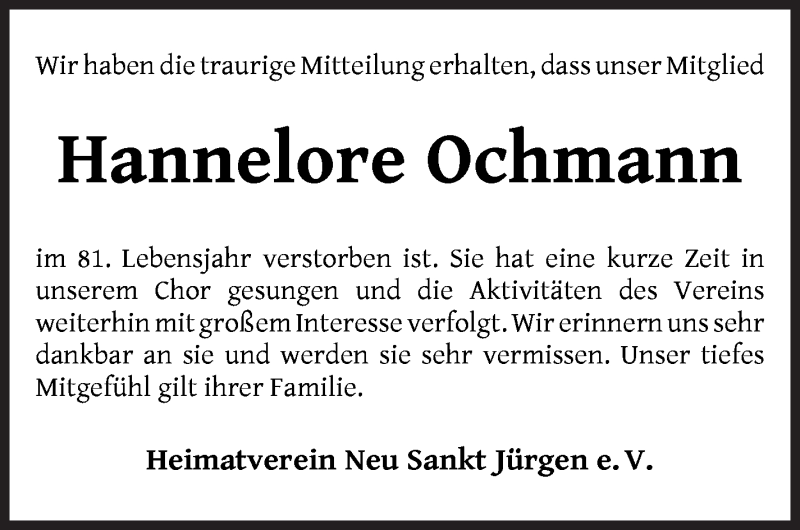  Traueranzeige für Hannelore Ochmann vom 11.09.2021 aus Wuemme Zeitung