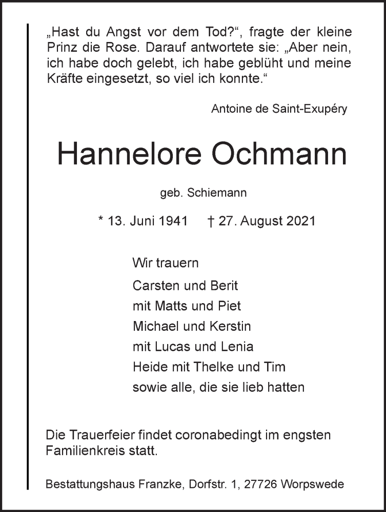  Traueranzeige für Hannelore Ochmann vom 04.09.2021 aus WESER-KURIER