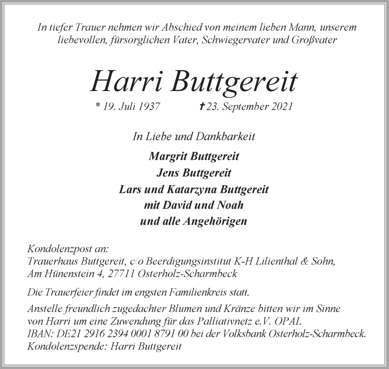  Traueranzeige für Harri Buttgereit vom 28.09.2021 aus Osterholzer Kreisblatt