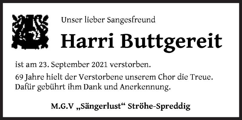  Traueranzeige für Harri Buttgereit vom 30.09.2021 aus Osterholzer Kreisblatt