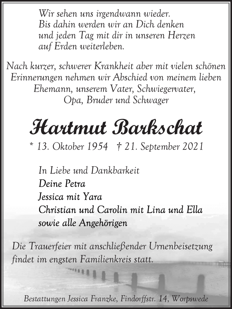  Traueranzeige für Hartmut Barkschat vom 25.09.2021 aus Osterholzer Kreisblatt