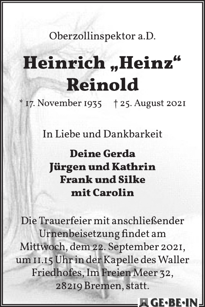 Traueranzeige von Heinrich „Heinz“ Reinold von WESER-KURIER