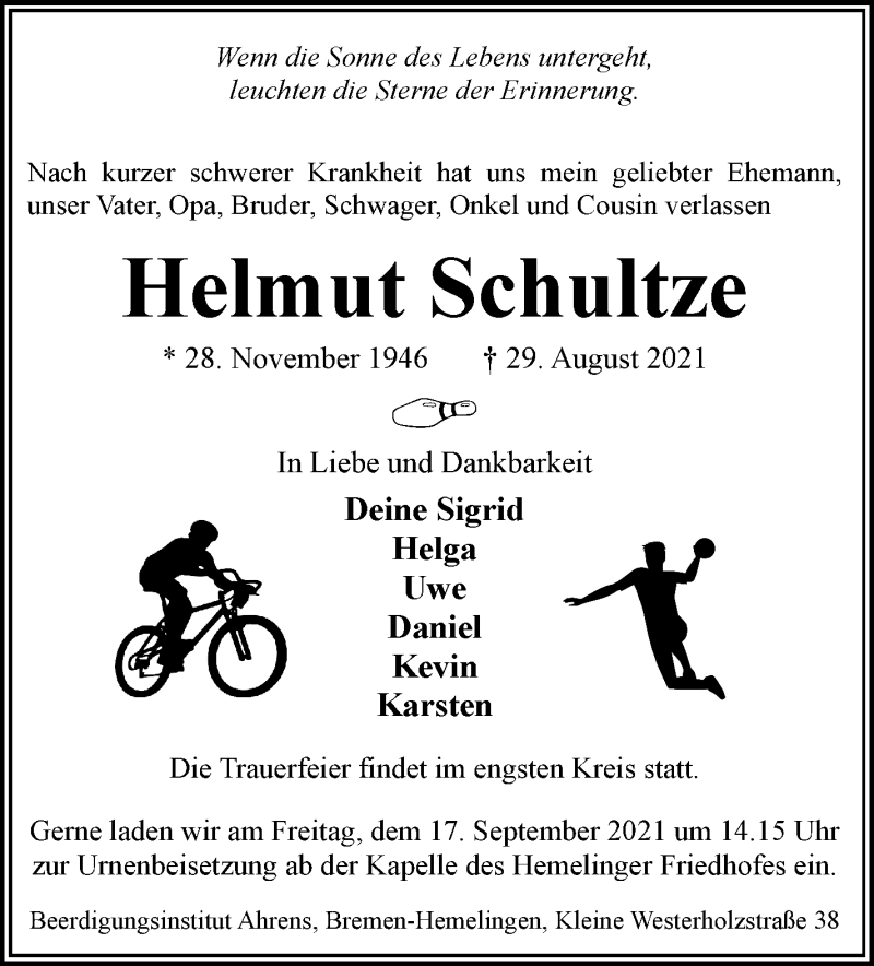 Traueranzeige von Helmut Schultze von WESER-KURIER
