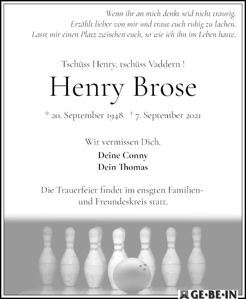  Traueranzeige für Henry Brose vom 18.09.2021 aus WESER-KURIER