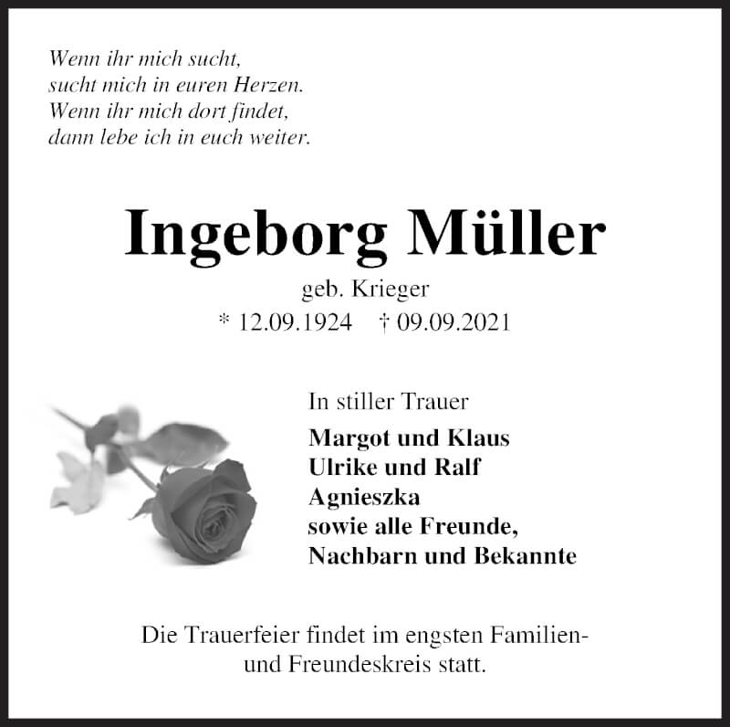  Traueranzeige für Ingeborg Müller vom 18.09.2021 aus Die Norddeutsche