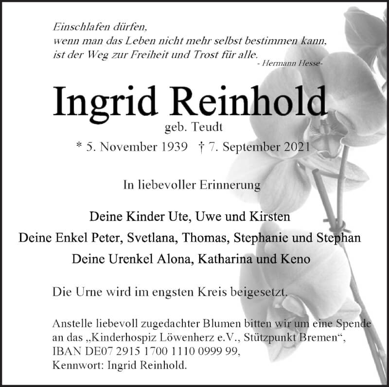 Traueranzeige von Ingrid Reinhold von WESER-KURIER