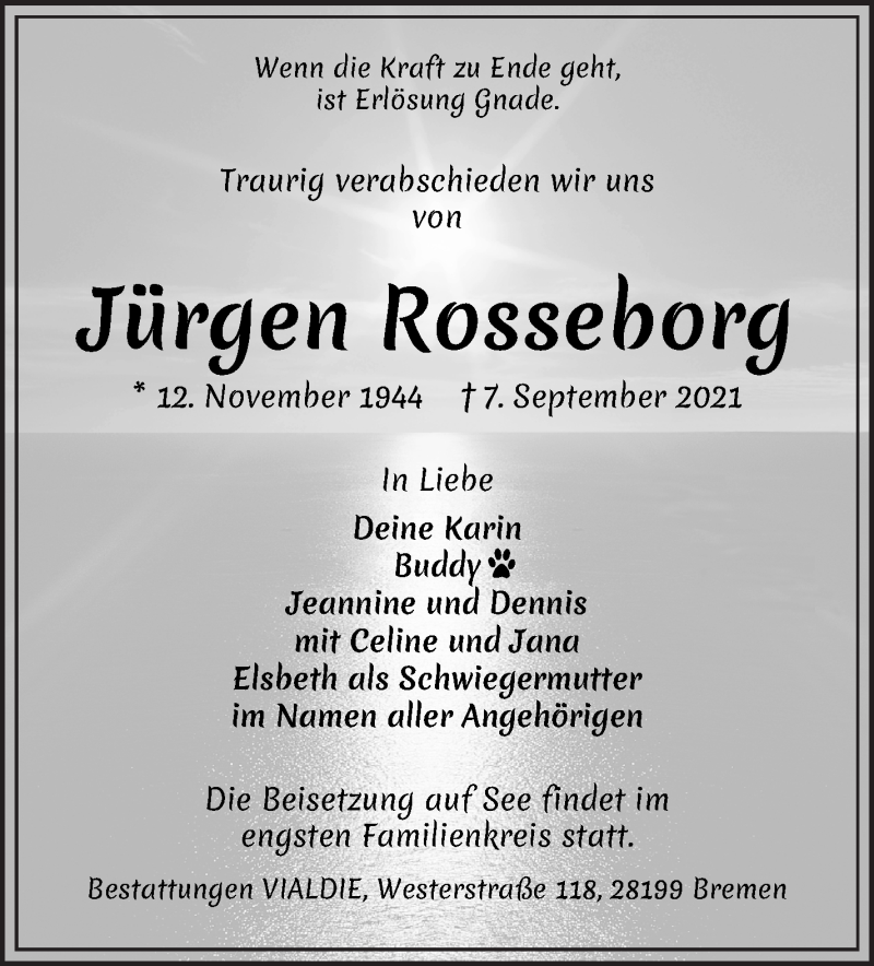  Traueranzeige für Jürgen Rosseborg vom 11.09.2021 aus WESER-KURIER
