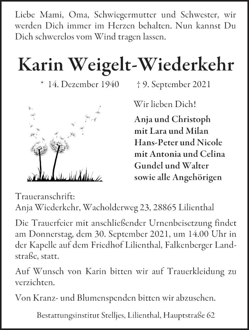 Traueranzeigen von Karin Weigelt-Wiederkehr | Trauer & Gedenken