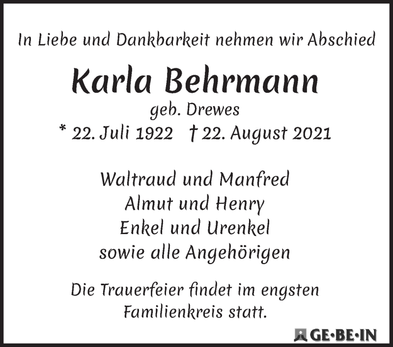 Traueranzeige von Karla Behrmann von WESER-KURIER