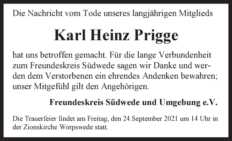  Traueranzeige für Karl Heinz Prigge vom 24.09.2021 aus Wuemme Zeitung